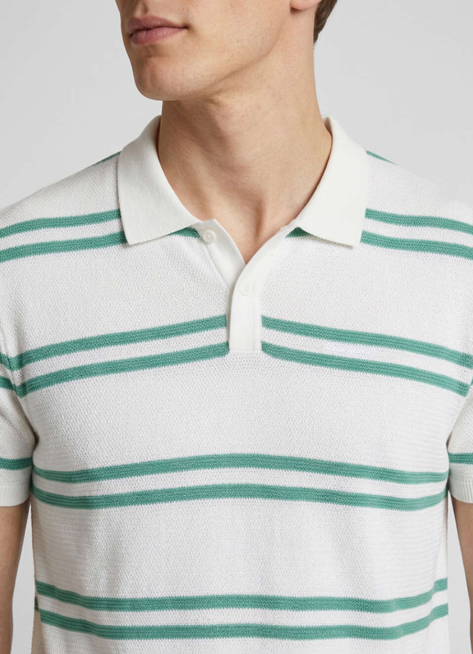 Men White Striped Flat Knit Polo Collar T-shirt, , large image number 4