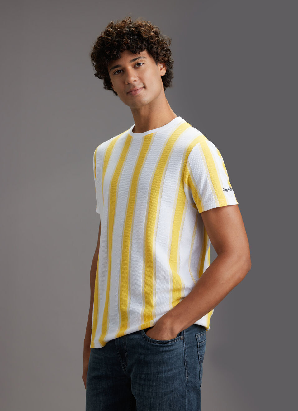 Men Yellow Vertical Stripe Slim Fit Short Sleeve T-shirt, , large image number 7