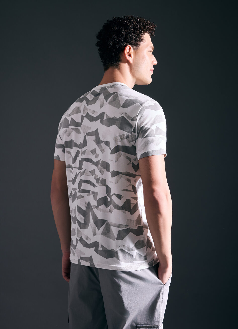Men Ecru Abstract Print Short Sleeve Stretch T-shirt, , large image number 2