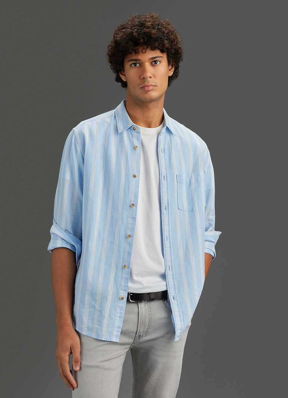 Men Sky Blue Striped Regular Fit Cotton Linen Shirt, , large image number 0