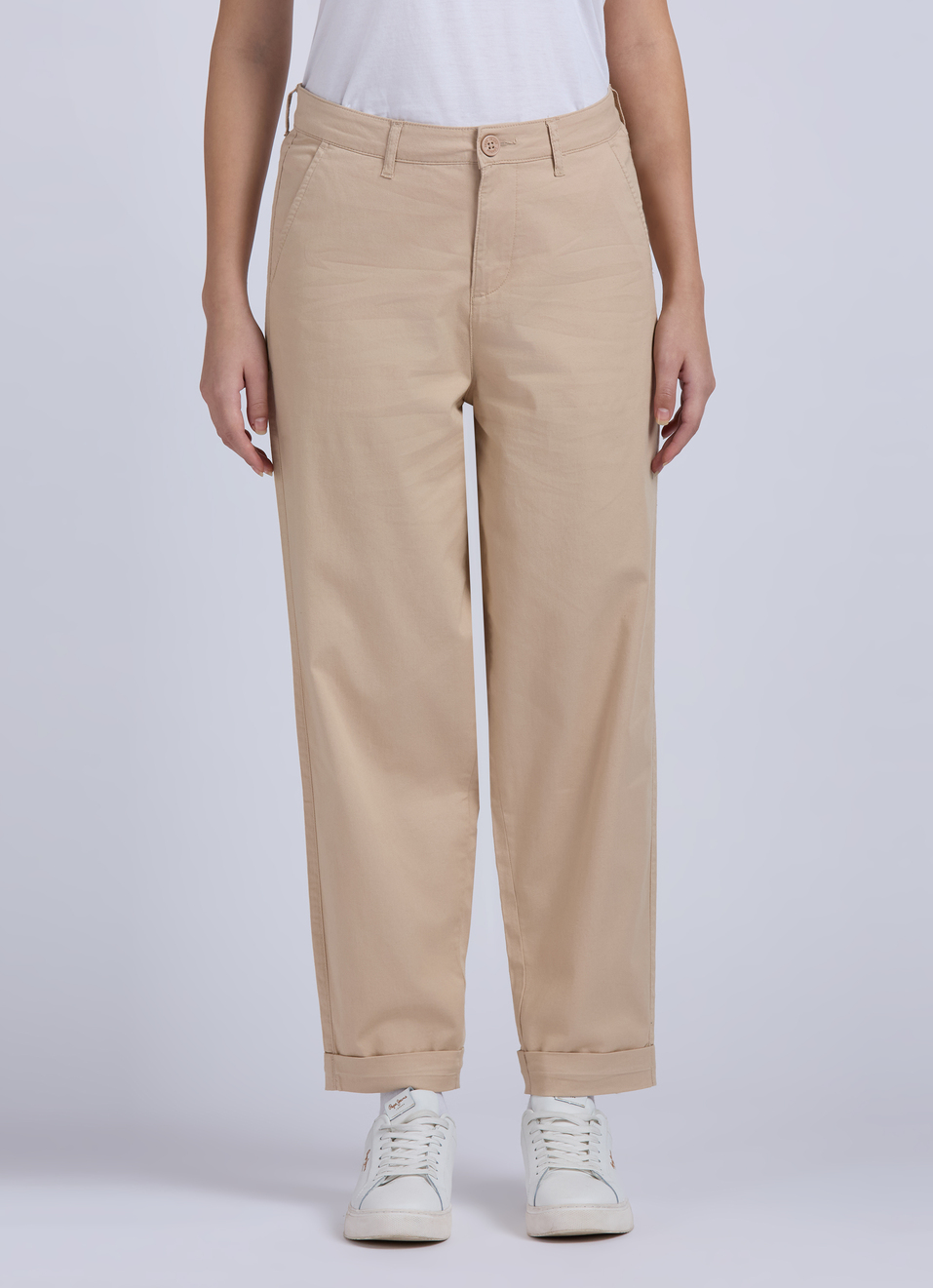 Beige Mid Waist Carrot Fit Trousers, , large image number 1