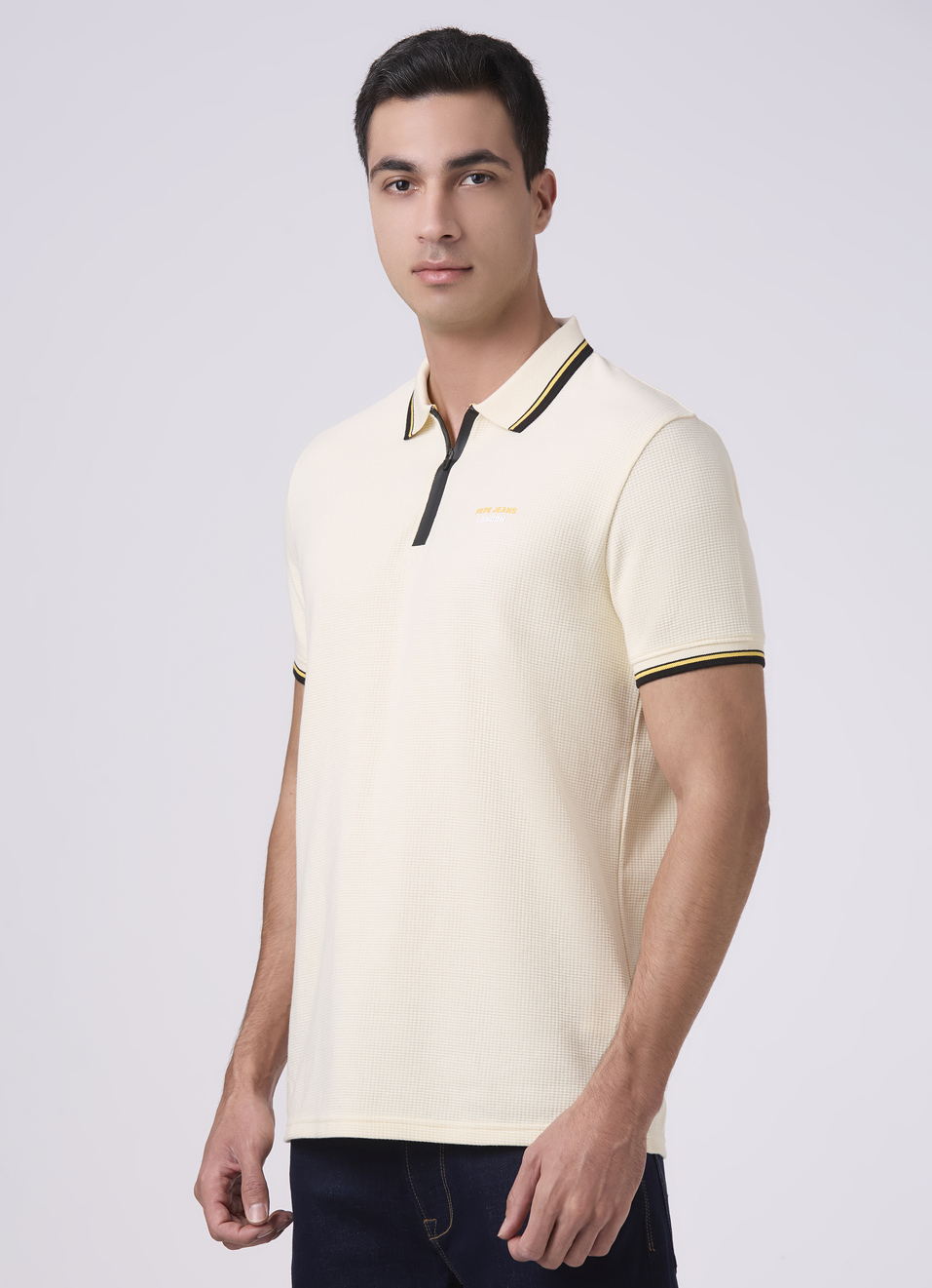 Men Ivory White Zipper Polo Collar T-shirt, , large image number 3