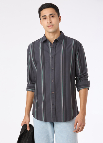 Men Grey Vertical Stripe Full Sleeve Oxford Shirt