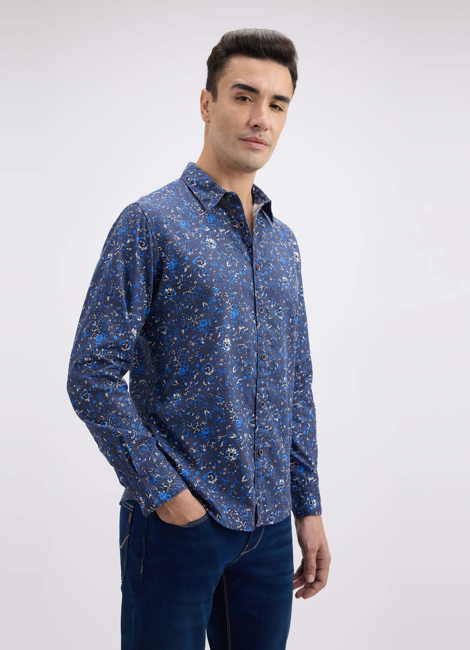 Men Blue Floral Print Full Sleeve Shirt, , large image number 3