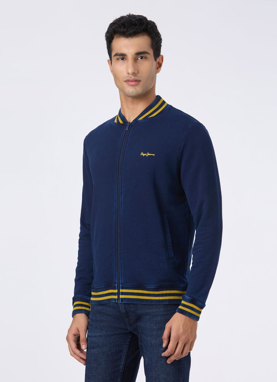 Men Navy Varsity Collar Zip Up Sweatshirt, , large image number 3