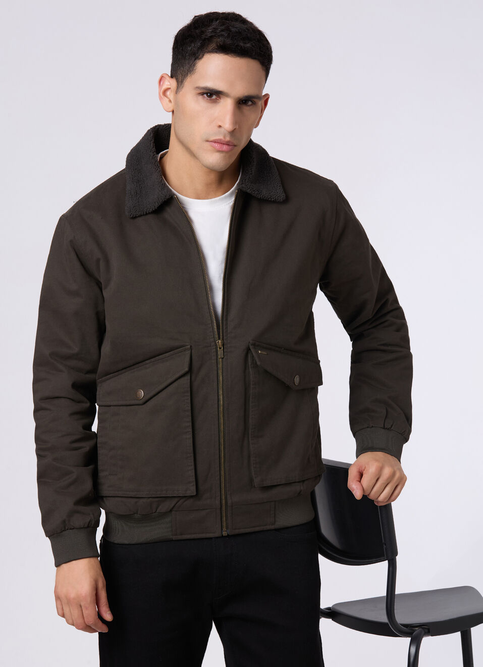 Men Olive Green Sherpa Collar Regular Fit Jacket, , large image number 0