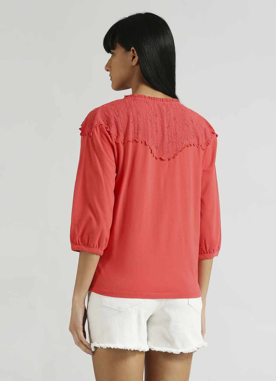 Red Lace Detail Half Button Placket Top, , large image number 2
