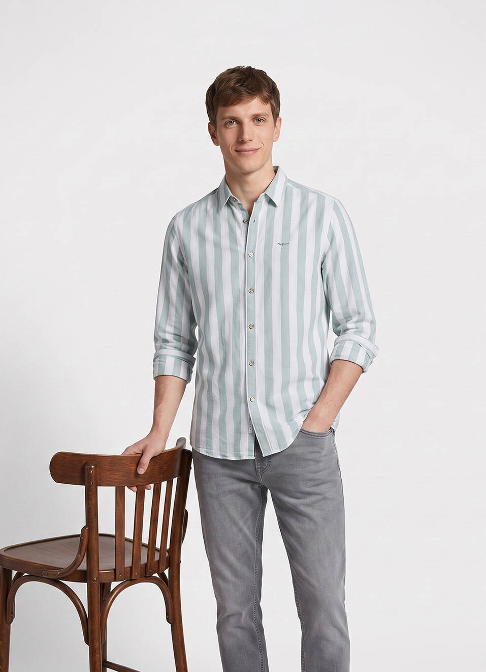 Men Green Striped Dobby Long Sleeve Shirt, , large image number 0
