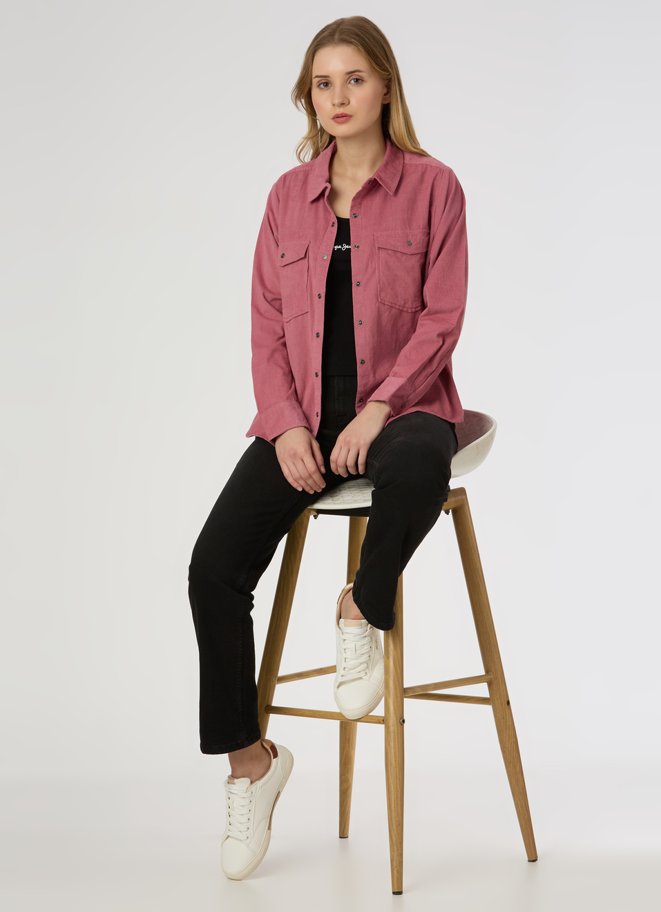 Women Black Corduroy Shirt With Flap Pocket, , large image number 5