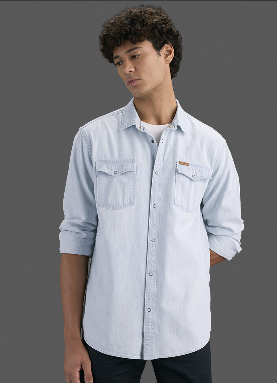 Men Light Blue Denim Long Sleeve Shirt, , large image number 6