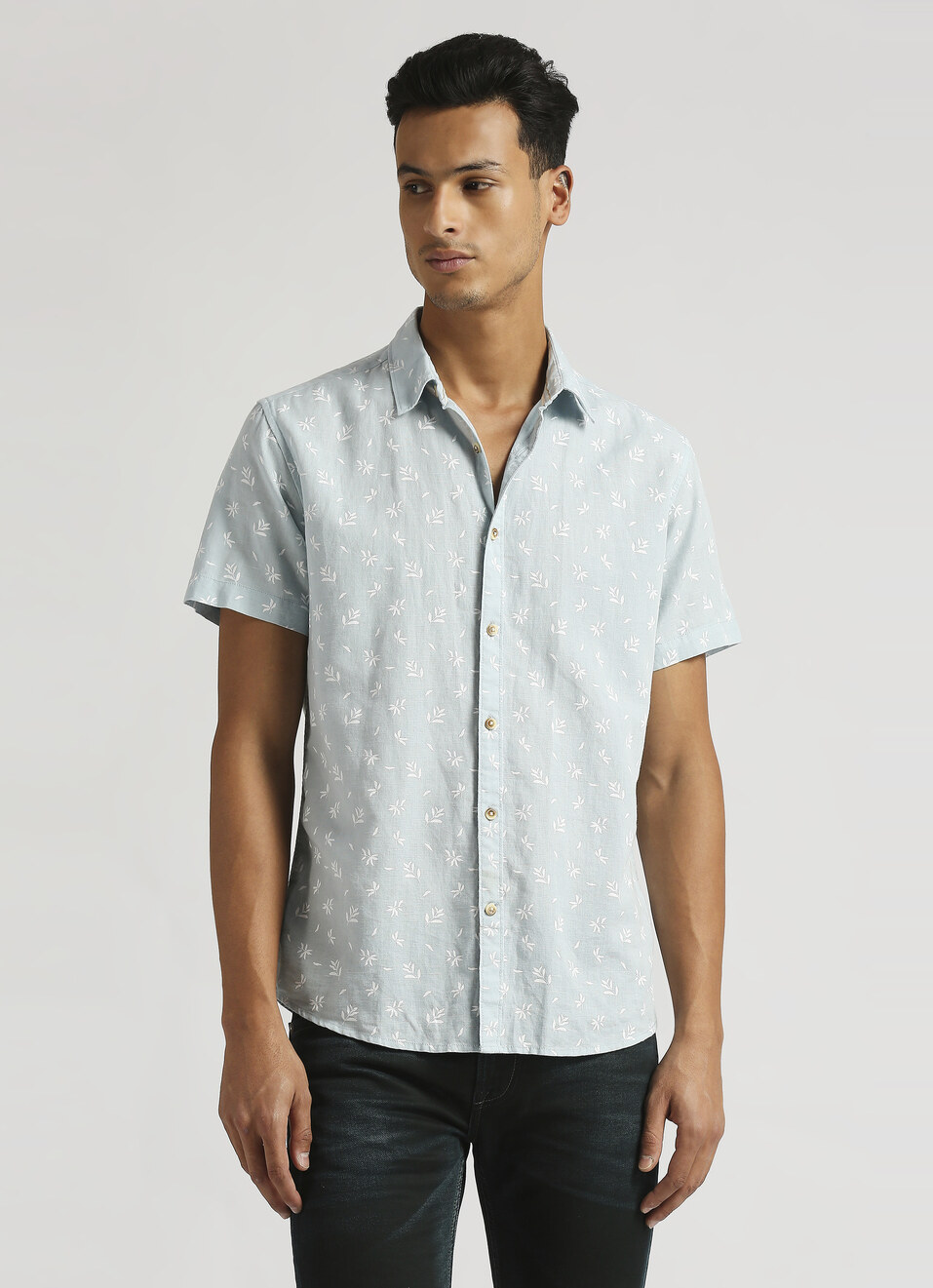 Blue All Over Printed Linen Short Sleeve Shirt, , large image number 1
