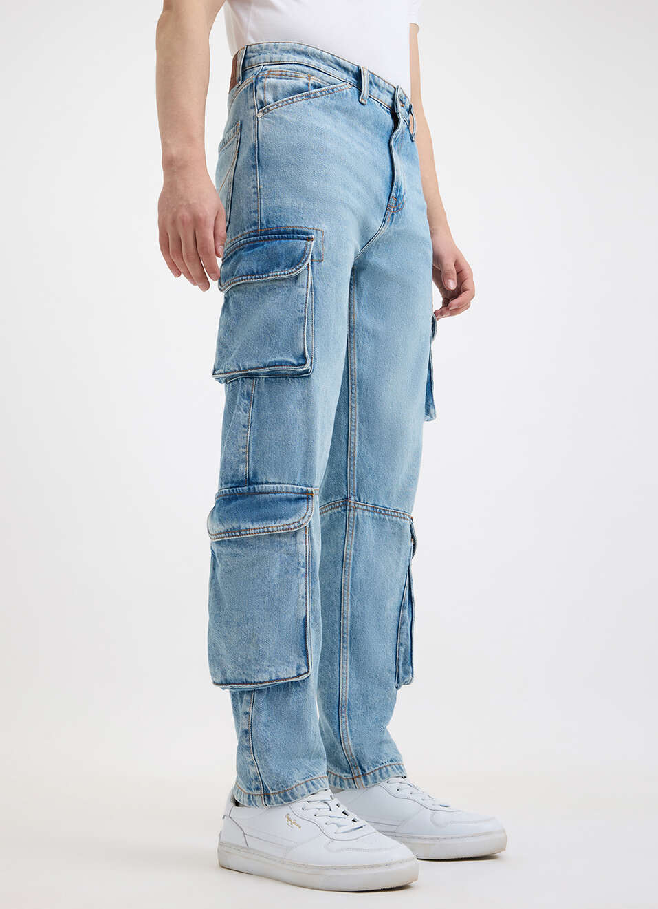 Men Blue Straight Fit Mid Rise Cargo Jeans, , large image number 6
