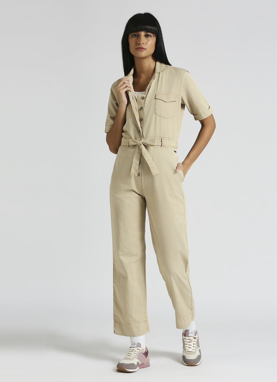 Beige Lapel Collar Short Sleeve Jumpsuit, , large image number 0