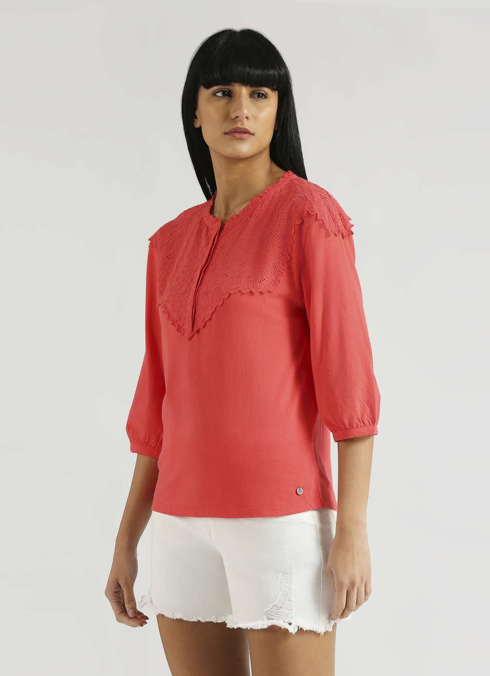 Red Lace Detail Half Button Placket Top, , large image number 3