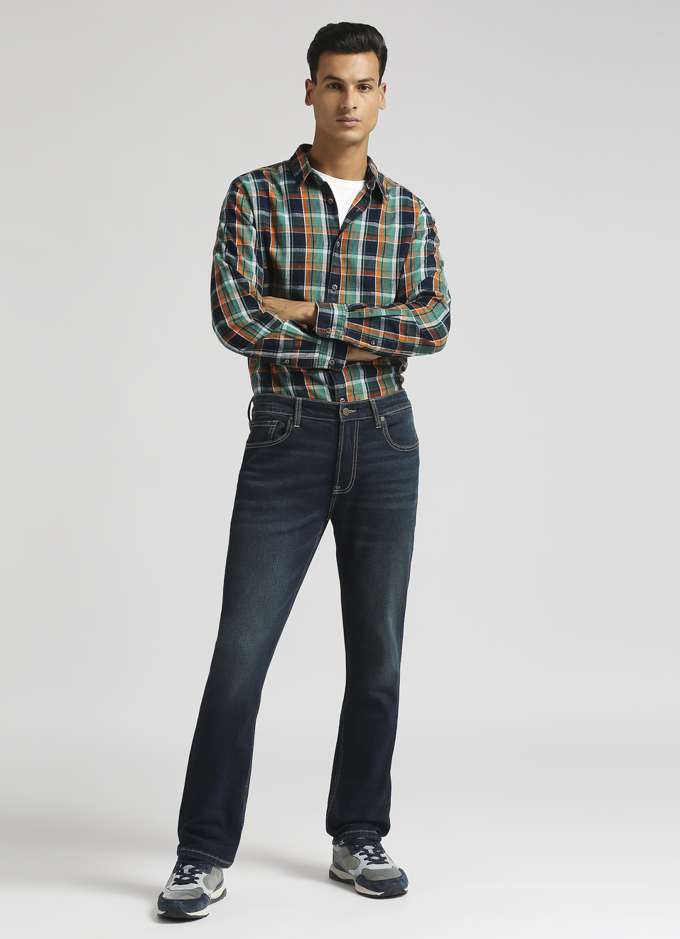 Yarn Dyed Indigo Checks Linen Long Sleeve Shirt, , large image number 5