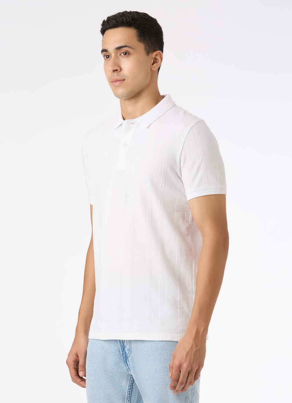 Men White Striped Polo Collar T-shirt, , large image number 3
