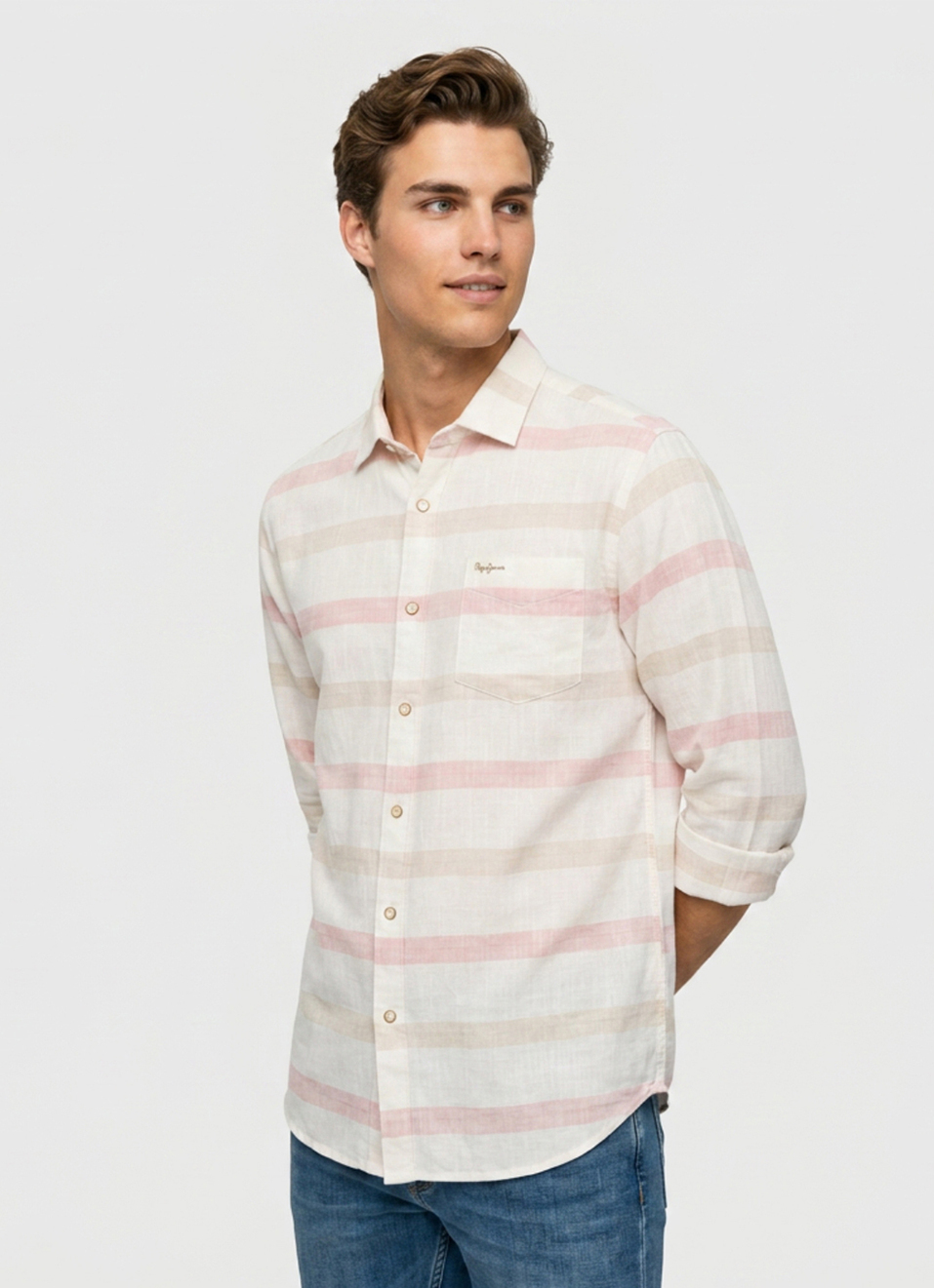 Men Peach Striped Long Sleeve Shirt, , large image number 1