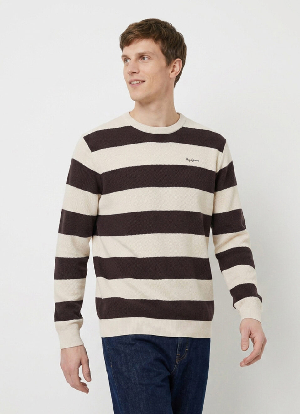 Men Brown Striped Full Sleeve Flat Knit Sweater, , large image number 3