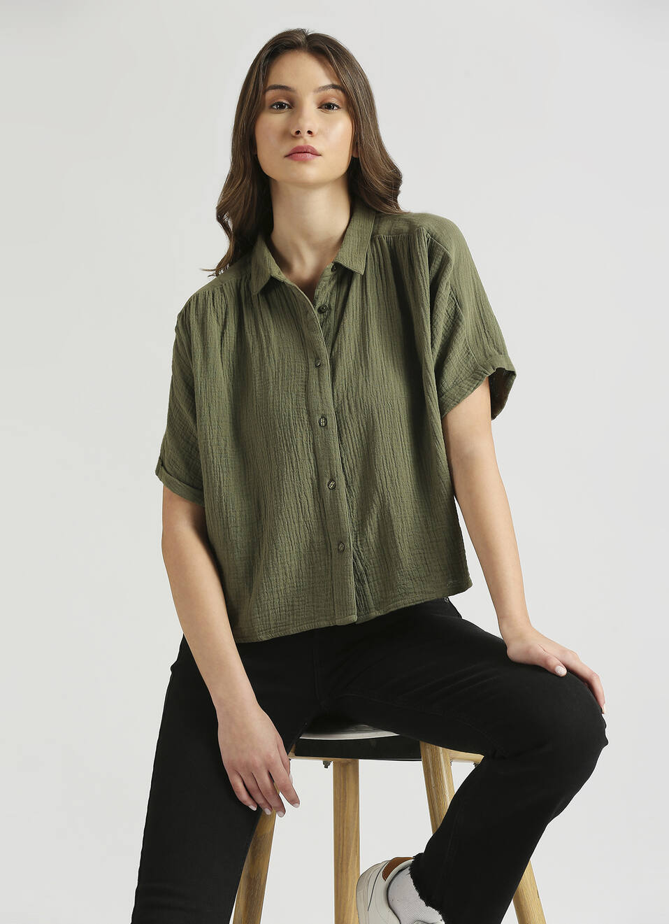 Olive Front Yoke Extended Shoulder Shirt, , large image number 0