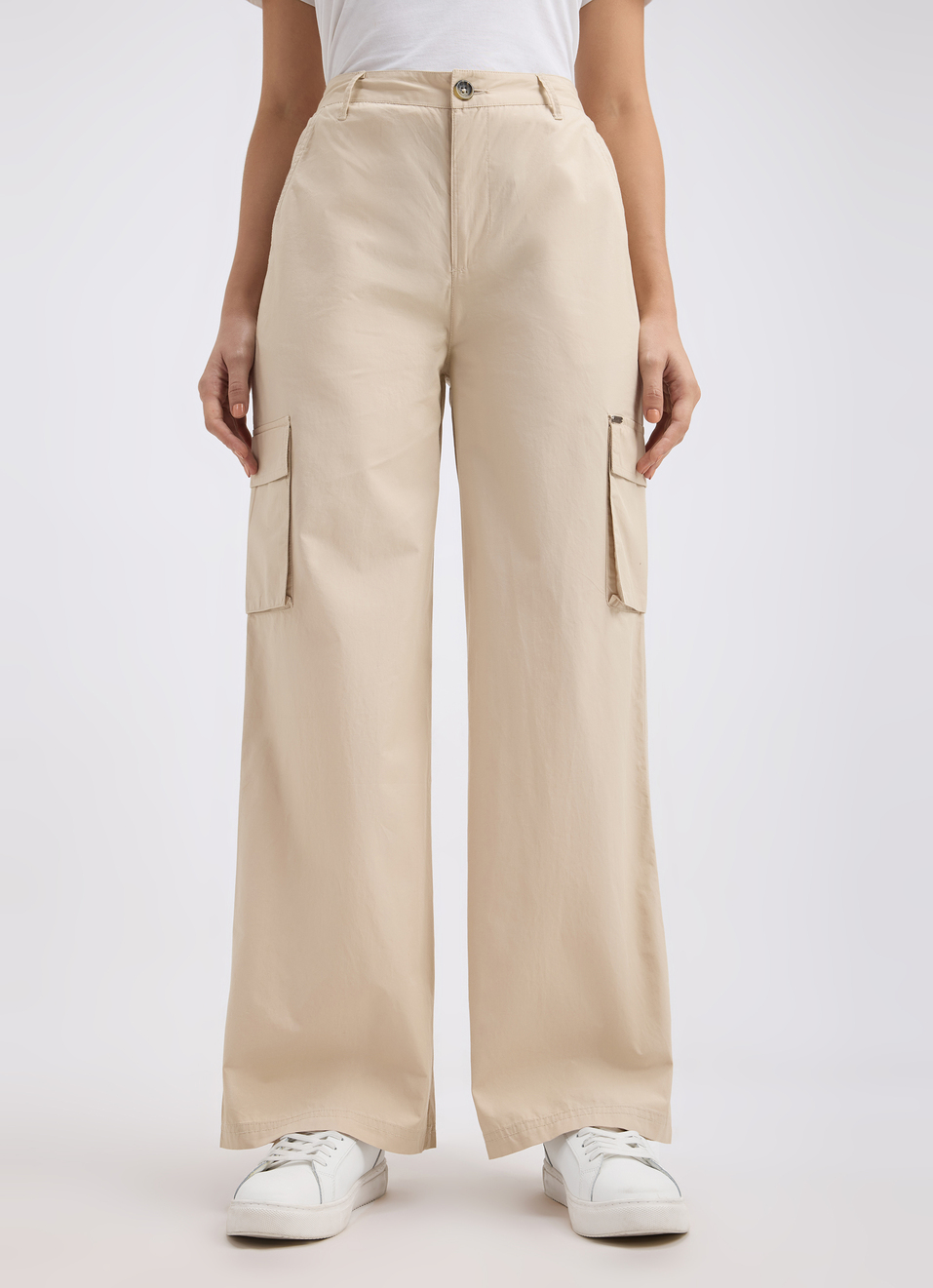 Women Beige Mid Rise Wide Leg Cargo Pants, , large image number 1