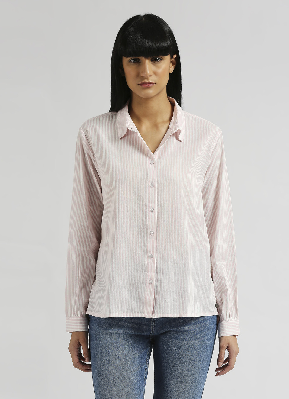 Pink Narrow Stripes High Low Hem Long Sleeve Shirt, , large image number 1