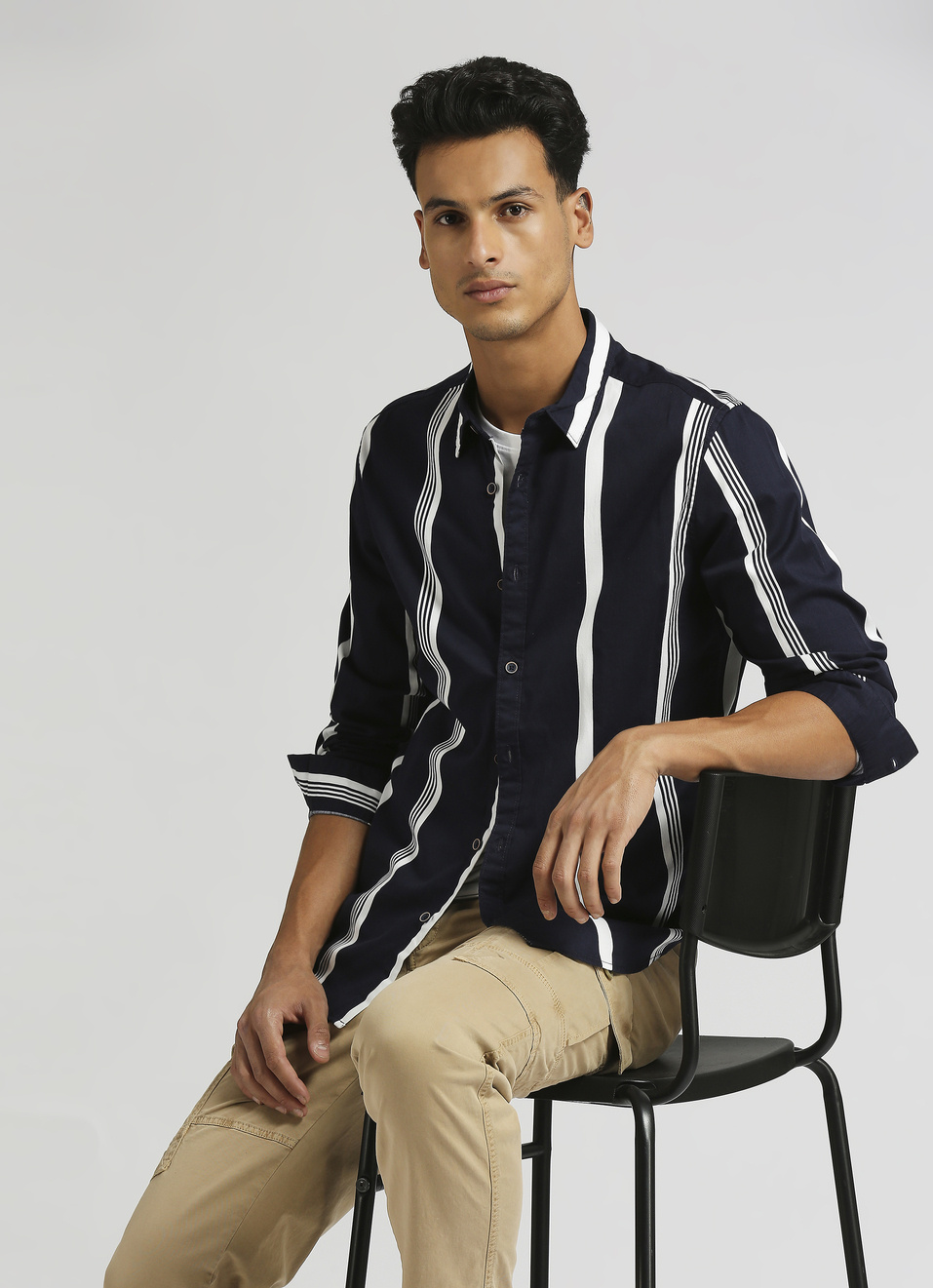 Navy Narrow Stripes Twill Long Sleeve Shirt, , large image number 0