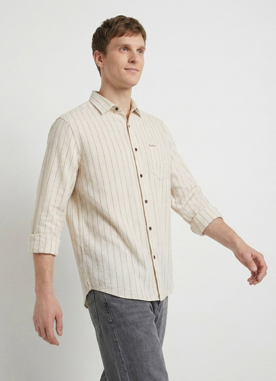 Men Beige Striped Dobby Long Sleeve Shirt, , large image number 3