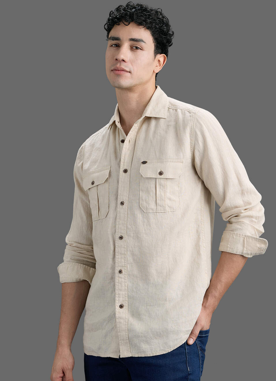 Men Beige Solid Pure Linen Safari Long Sleeve Shirt, , large image number 7