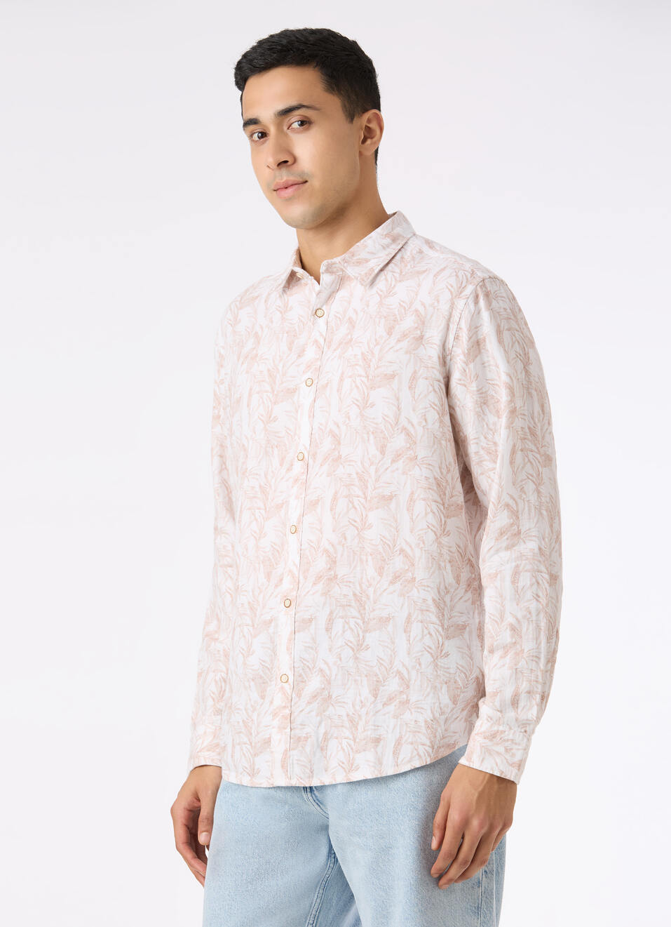 Men Peach Botanical Leaf Print Full Sleeve Shirt, , large image number 3