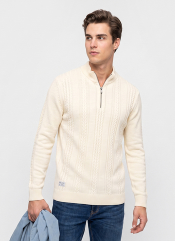 Men Off White Embroidered Full Sleeve Flat Knit Sweater