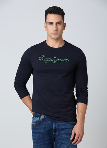 Men Navy Logo Print Full Sleeve T-shirt