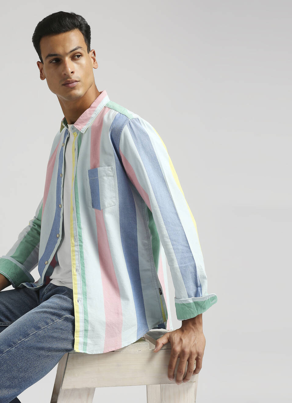 White Broad Stripes Yarn Dyed Long Sleeve Shirt, , large image number 0