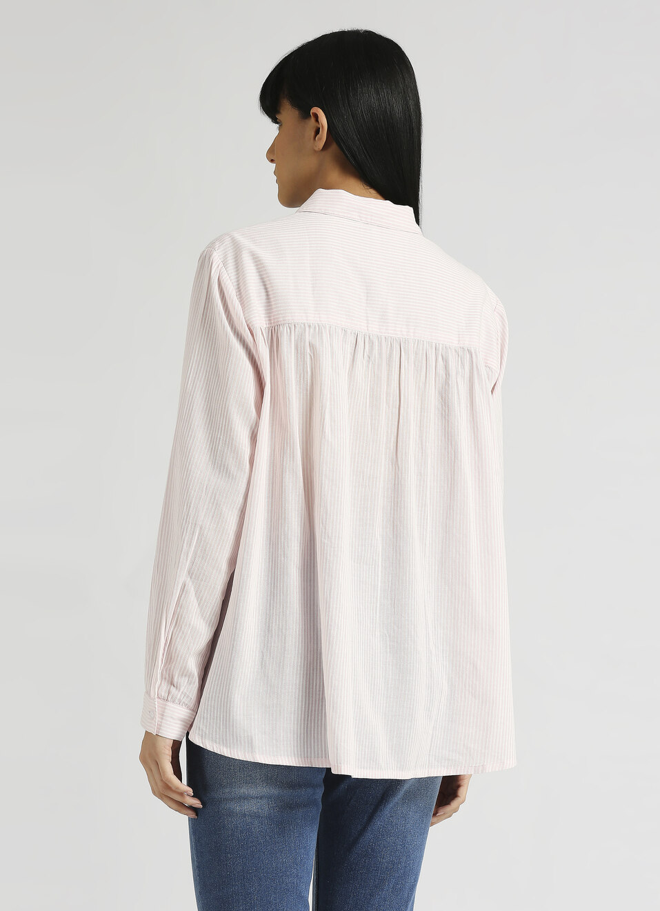 Pink Narrow Stripes High Low Hem Long Sleeve Shirt, , large image number 2
