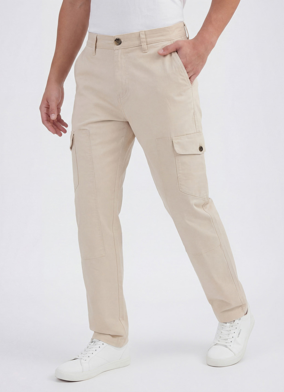 Men Ecru Mid Rise Stretch Cargos, , large image number 0