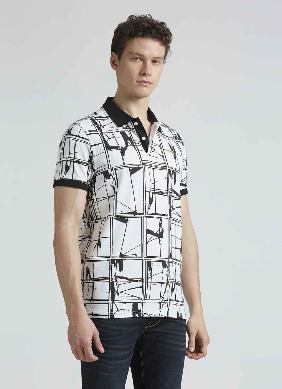 Black Abstract Print Short Sleeve Polo, , large image number 3
