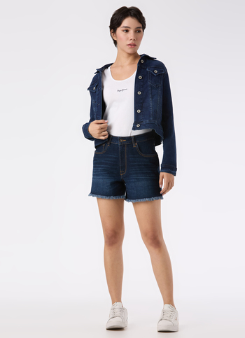 Women Blue High Rise Regular Fit Frayed Hem Denim Short