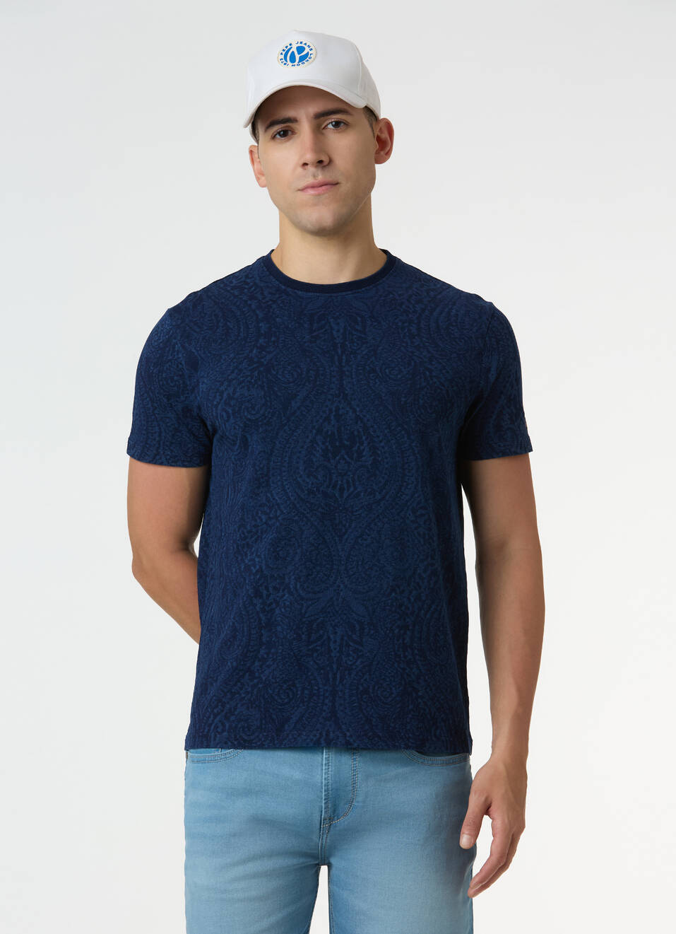 Men Blue Damask Print Short Sleeve T-shirt, , large image number 0