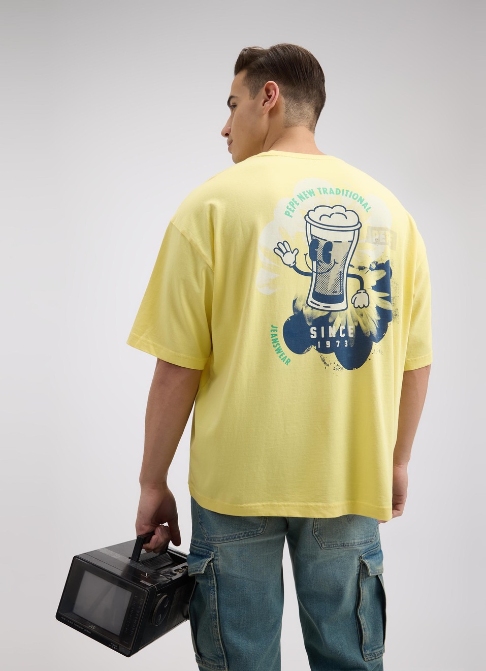 Men Yellow Back Print Short Sleeve Oversized T-shirt, , large image number 0
