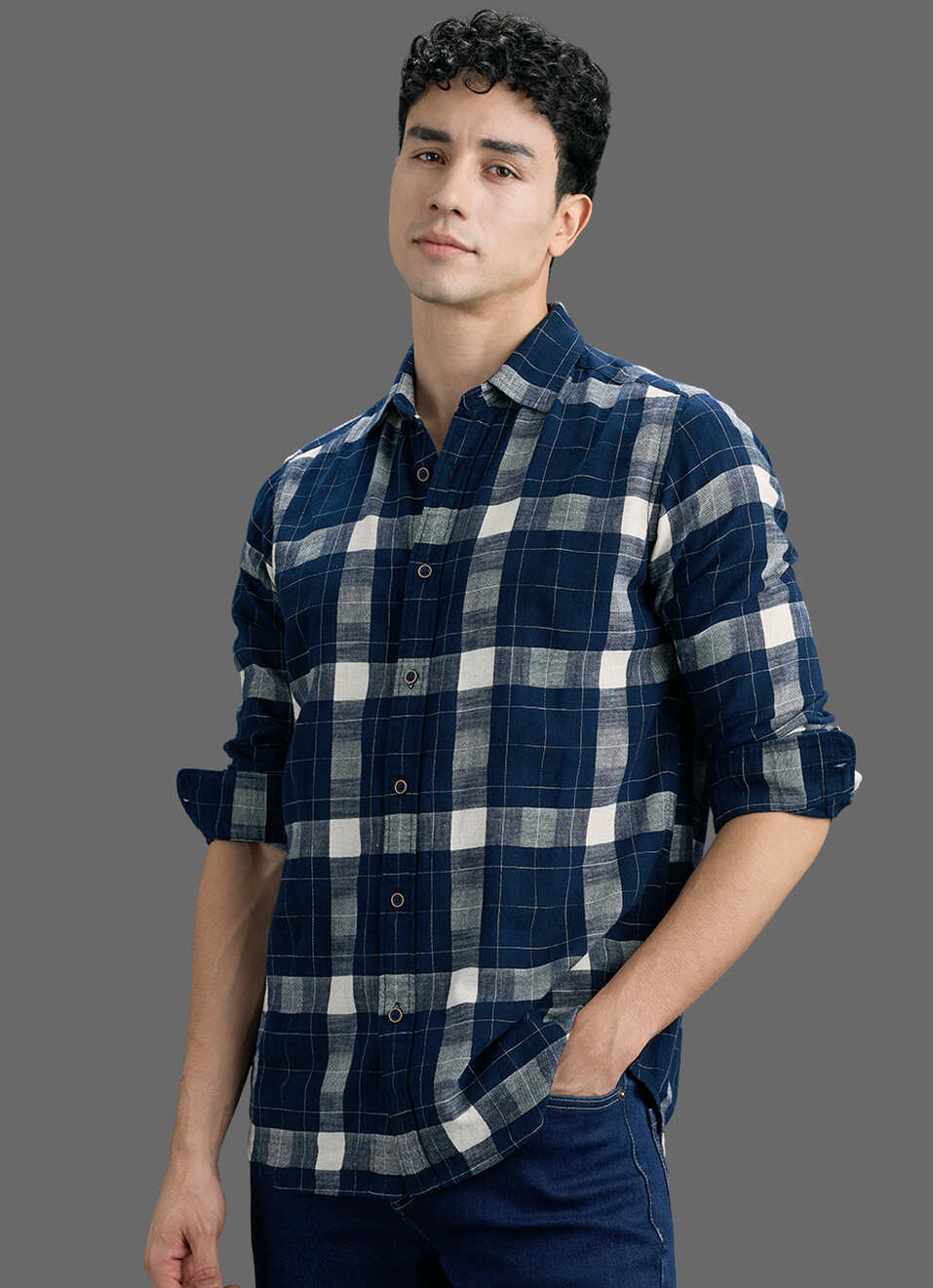Men Navy Checked Dobby Long Sleeve Shirt, , large image number 7