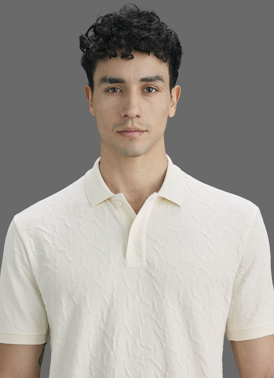 Men Ivory Jacquard Polo Collar T-shirt, , large image number 4