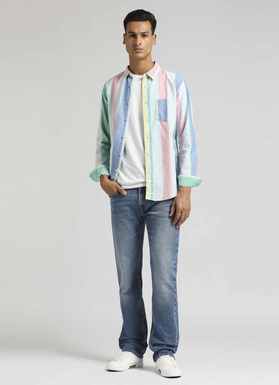 White Broad Stripes Yarn Dyed Long Sleeve Shirt, , large image number 5