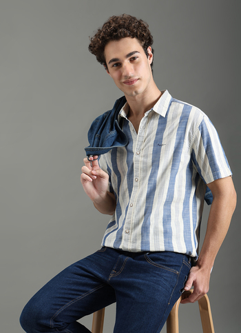 Men Blue Striped Shirt