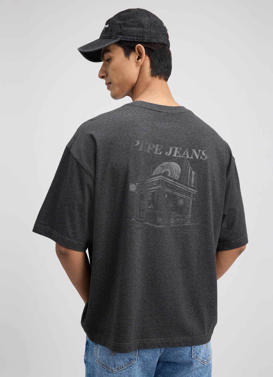 Men Grey Back Print Short Sleeve Oversized T-shirt, , large image number 0