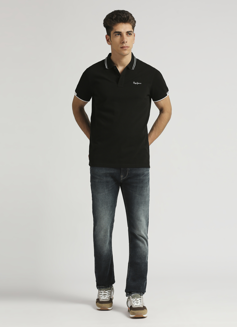 Black Solid Ribbed Collar Polo, , large image number 5