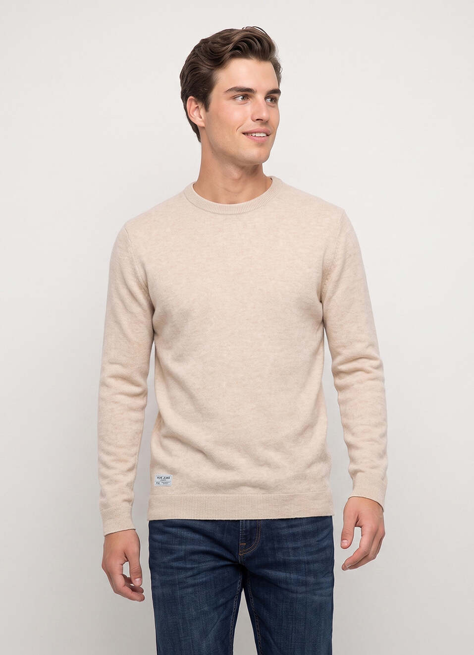 Men Beige Solid Regular Fit Crew Neck Sweater, , large image number 1