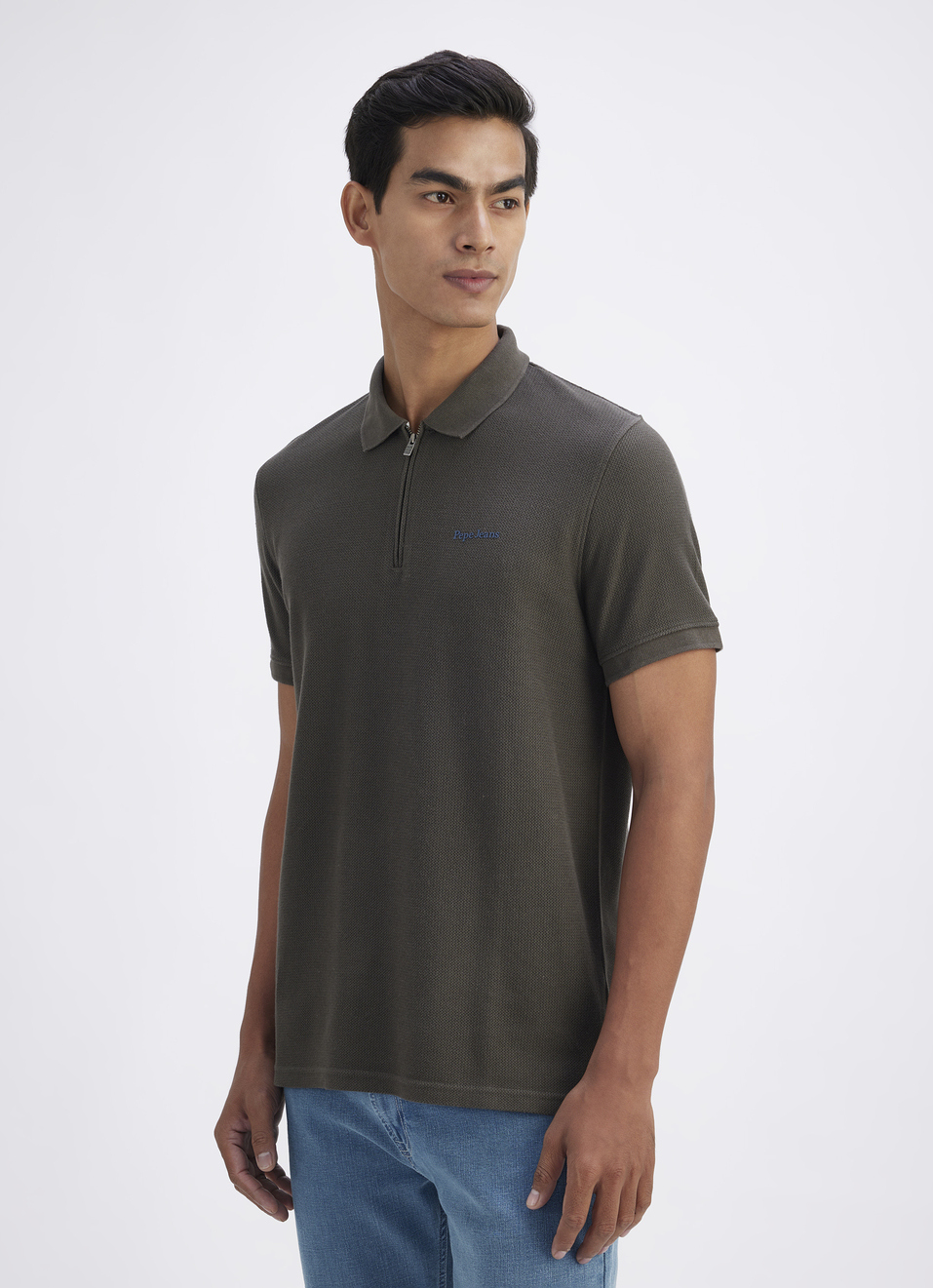 Men Olive Short Sleeve Zipper Polo, , large image number 3