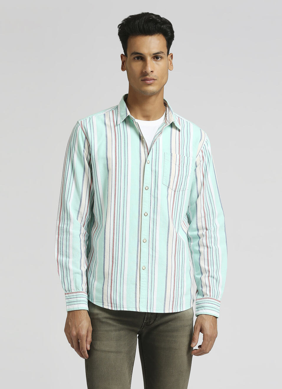 Aqua Stripes Textured Long Sleeve Shirt, , large image number 1