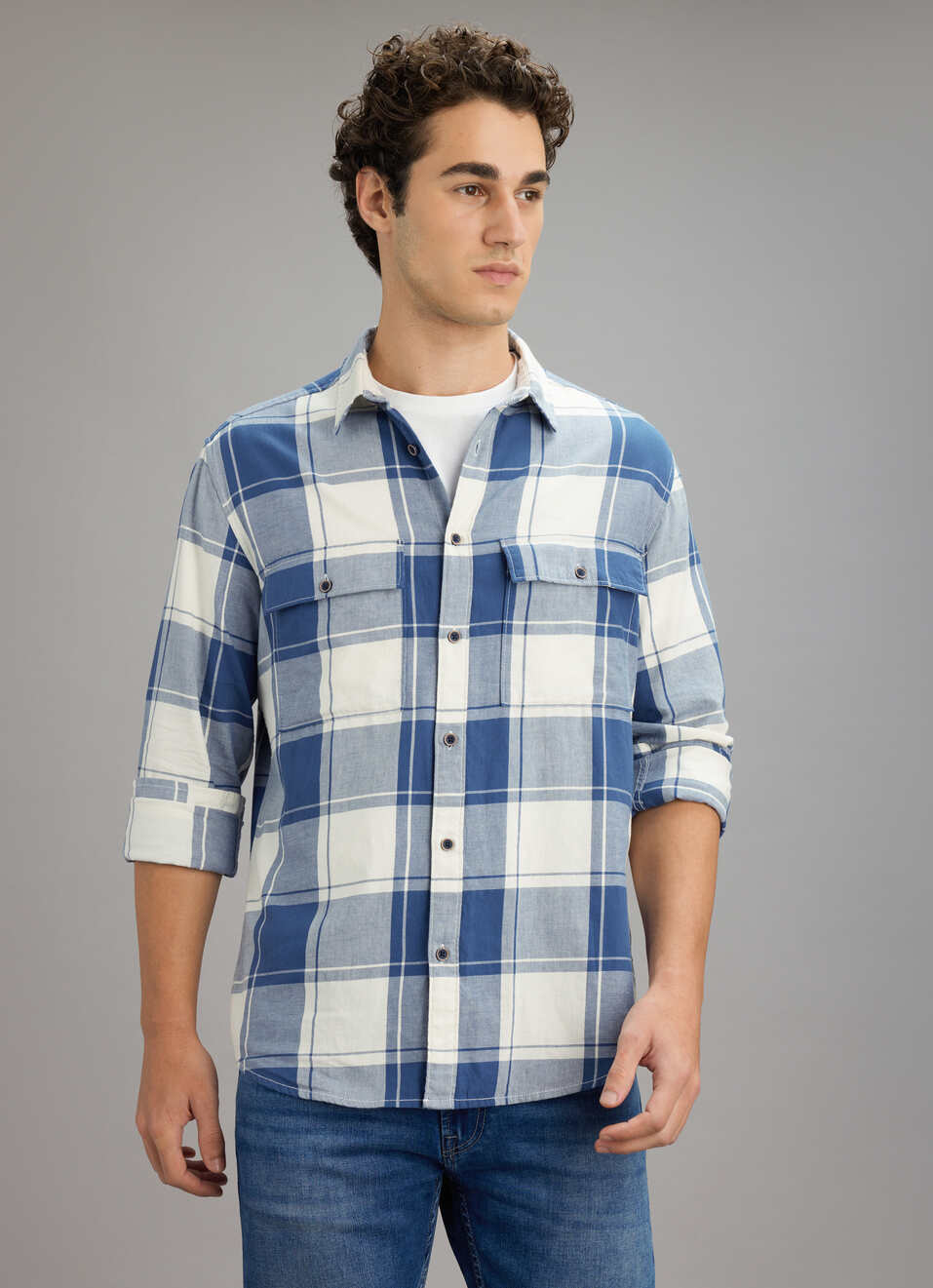 Men Blue Check Long Sleeve Shirt, , large image number 5