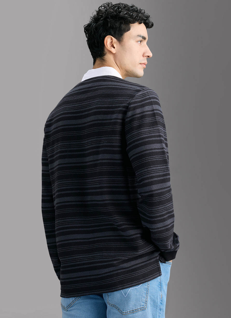 Men Black Striped Rugby Polo T-shirt, , large image number 6