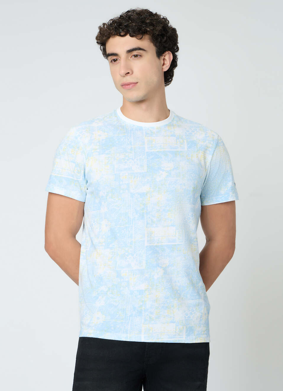 Men Sky Blue Printed Slim Fit T-shirt, , large image number 1